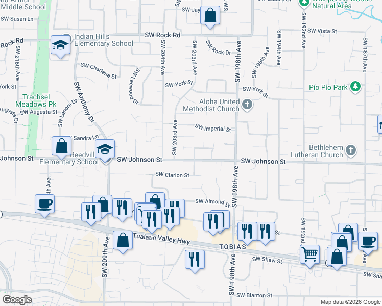 map of restaurants, bars, coffee shops, grocery stores, and more near 2601 Southwest 201st Avenue in Beaverton