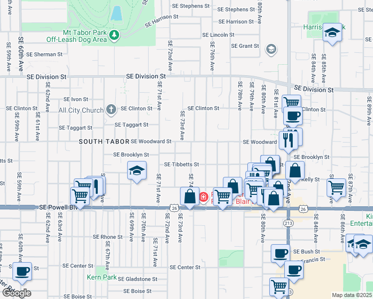 map of restaurants, bars, coffee shops, grocery stores, and more near 7345 Southeast Brooklyn Street in Portland