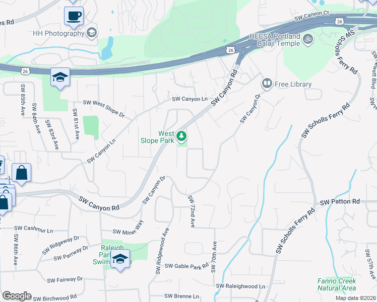 map of restaurants, bars, coffee shops, grocery stores, and more near 2641 Southwest Maple Lane in Portland