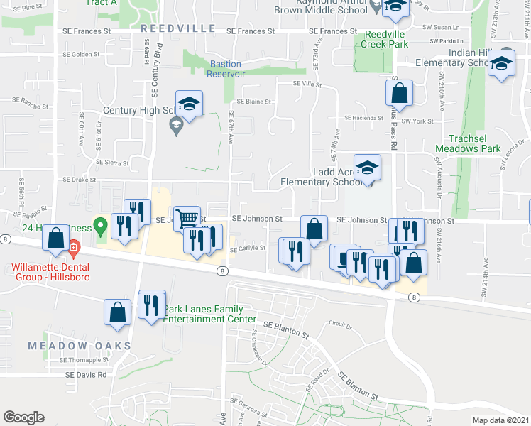 map of restaurants, bars, coffee shops, grocery stores, and more near 6985 Southeast Johnson Street in Hillsboro