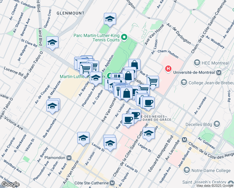 map of restaurants, bars, coffee shops, grocery stores, and more near 3600 Avenue Van Horne in Montreal