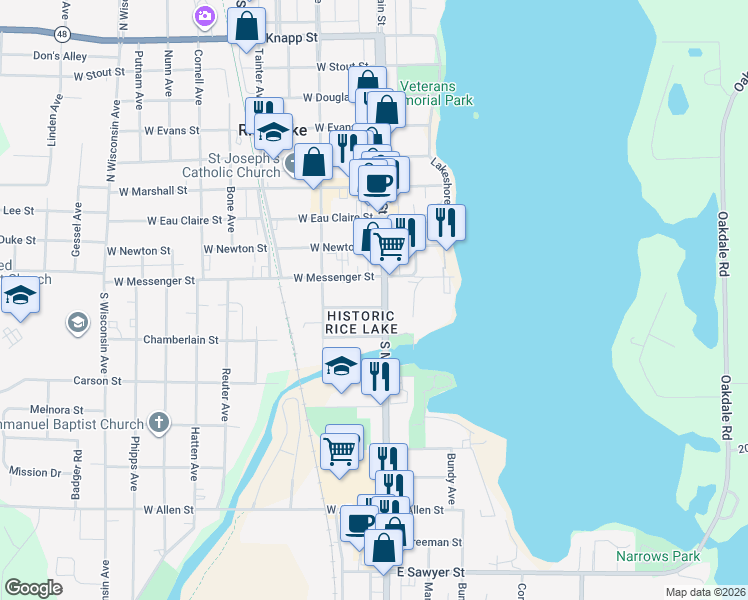 map of restaurants, bars, coffee shops, grocery stores, and more near 16 South Main Street in Rice Lake