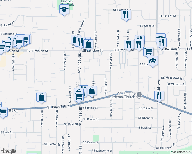 map of restaurants, bars, coffee shops, grocery stores, and more near 2920 Southeast 138th Avenue in Portland