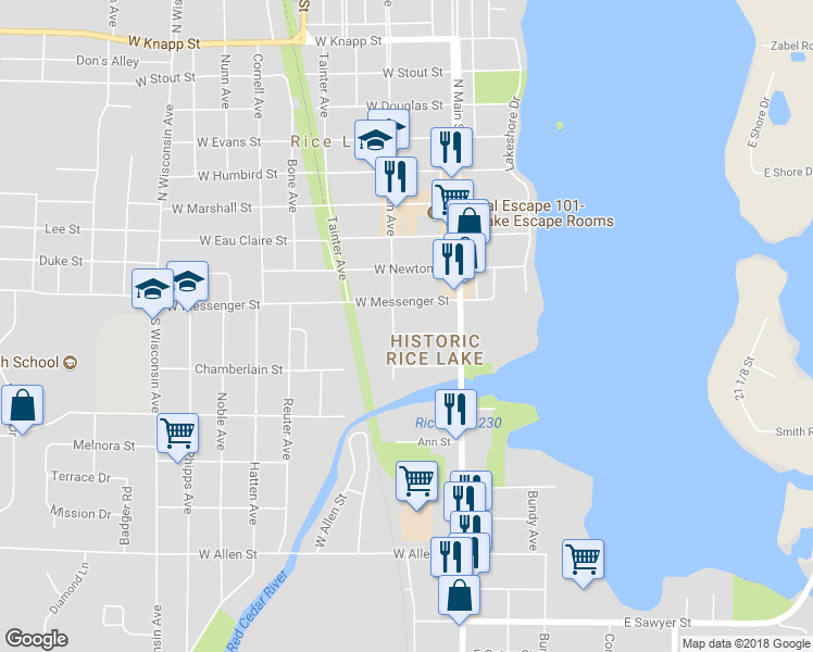 map of restaurants, bars, coffee shops, grocery stores, and more near 31 Highland Street in Rice Lake