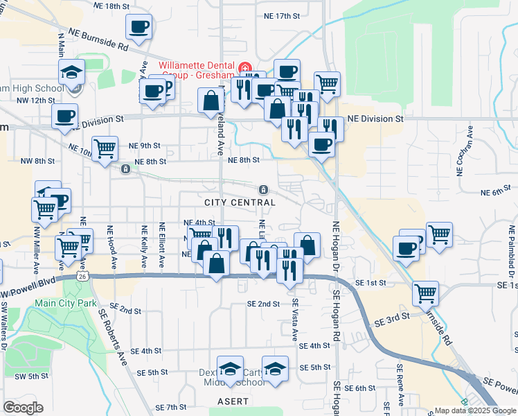 map of restaurants, bars, coffee shops, grocery stores, and more near 1181 Northeast 5th Street in Gresham