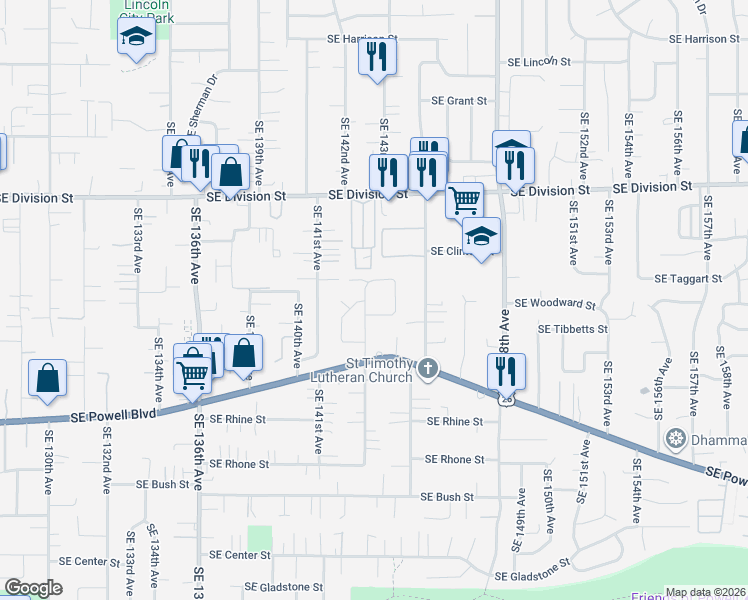 map of restaurants, bars, coffee shops, grocery stores, and more near 2919 Southeast 144th Avenue in Portland
