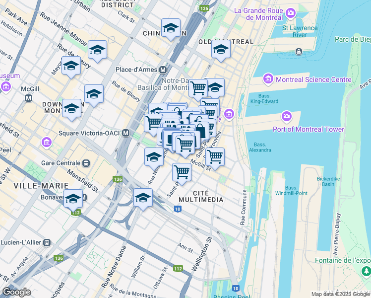 map of restaurants, bars, coffee shops, grocery stores, and more near 445 Rue Sainte-Hélène in Montréal