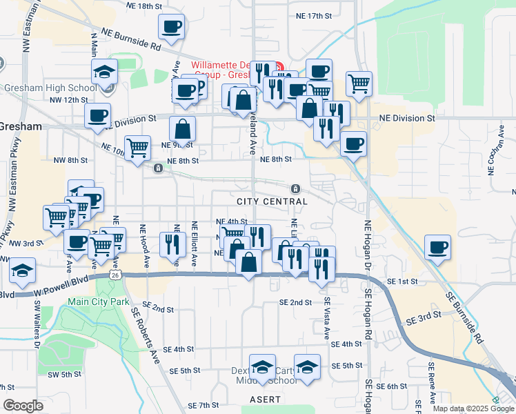 map of restaurants, bars, coffee shops, grocery stores, and more near 494 Northeast Cleveland Avenue in Gresham