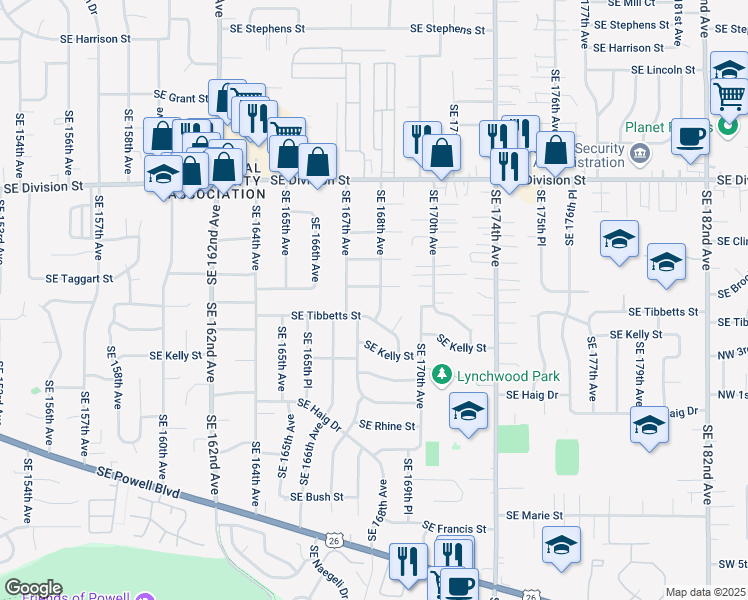 map of restaurants, bars, coffee shops, grocery stores, and more near 2921 Southeast 168th Avenue in Portland