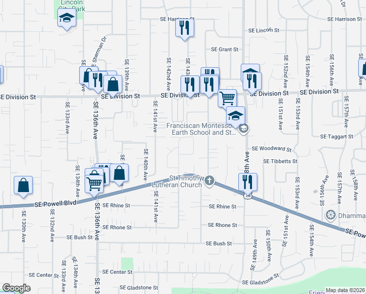 map of restaurants, bars, coffee shops, grocery stores, and more near 2918 Southeast 143rd Avenue in Portland