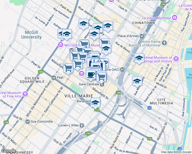 map of restaurants, bars, coffee shops, grocery stores, and more near 715 Boulevard René-Lévesque Ouest in Montréal