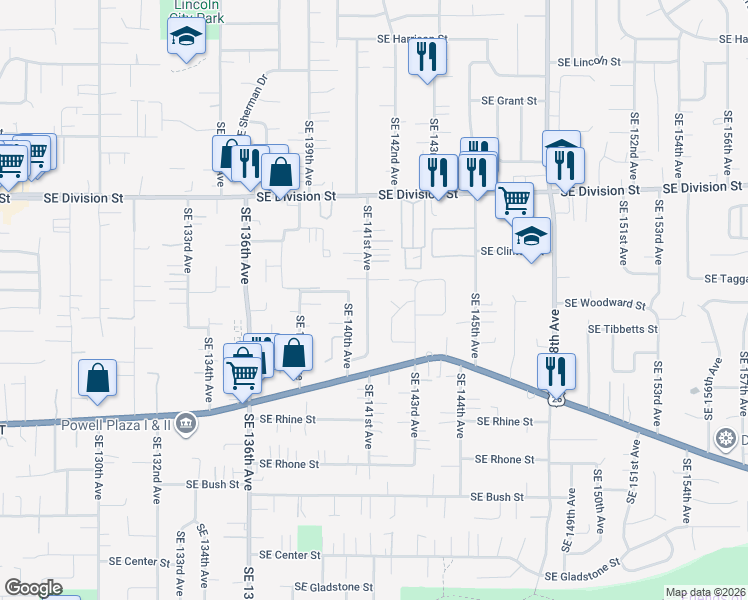 map of restaurants, bars, coffee shops, grocery stores, and more near 2912 Southeast 141st Avenue in Portland