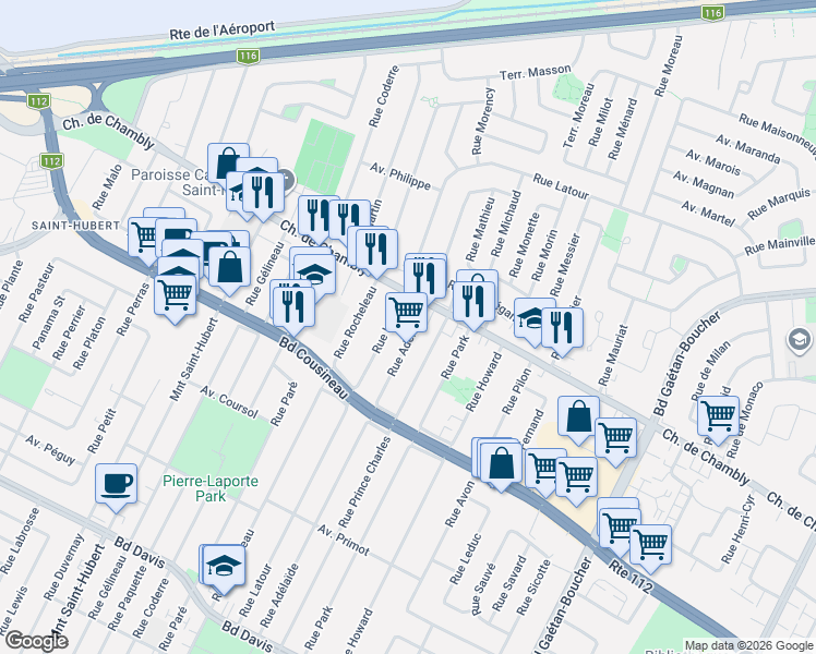 map of restaurants, bars, coffee shops, grocery stores, and more near 2290 Rue Adélaïde in Longueuil