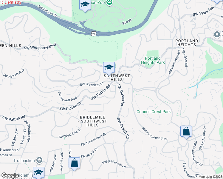 map of restaurants, bars, coffee shops, grocery stores, and more near 3040 Southwest 36th Avenue in Portland