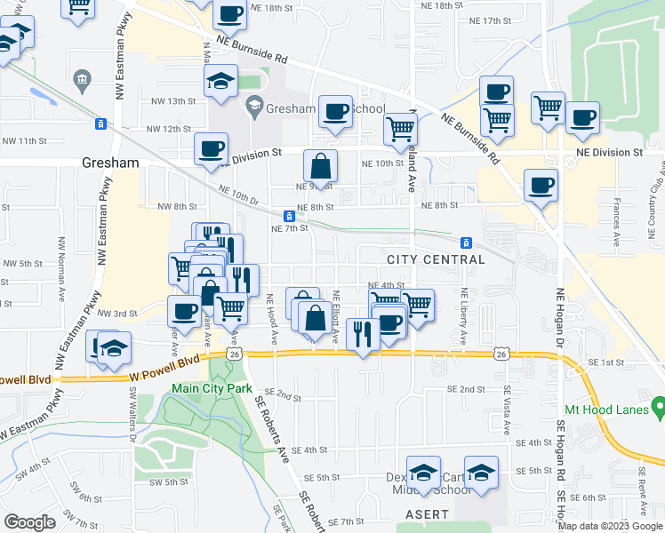 map of restaurants, bars, coffee shops, grocery stores, and more near 491 Northeast Elliott Avenue in Gresham