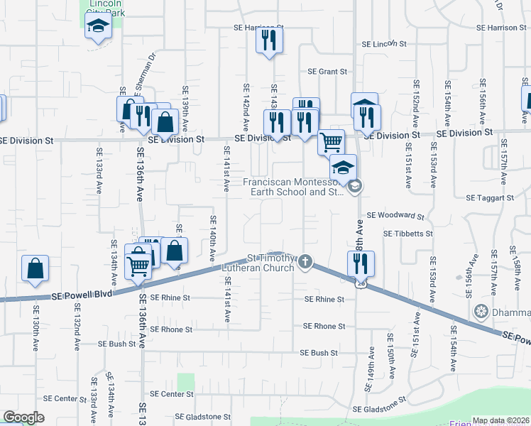 map of restaurants, bars, coffee shops, grocery stores, and more near 2918 Southeast 143rd Avenue in Portland