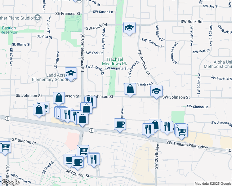map of restaurants, bars, coffee shops, grocery stores, and more near 21470 Southwest Regal Lane in Aloha