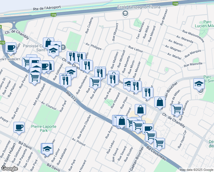 map of restaurants, bars, coffee shops, grocery stores, and more near 5675 Chemin de Chambly in Longueuil