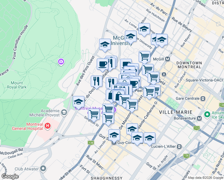 map of restaurants, bars, coffee shops, grocery stores, and more near 3450 A Rue Drummond in Montréal
