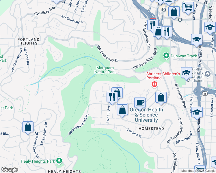 map of restaurants, bars, coffee shops, grocery stores, and more near 3015 Southwest 11th Avenue in Portland