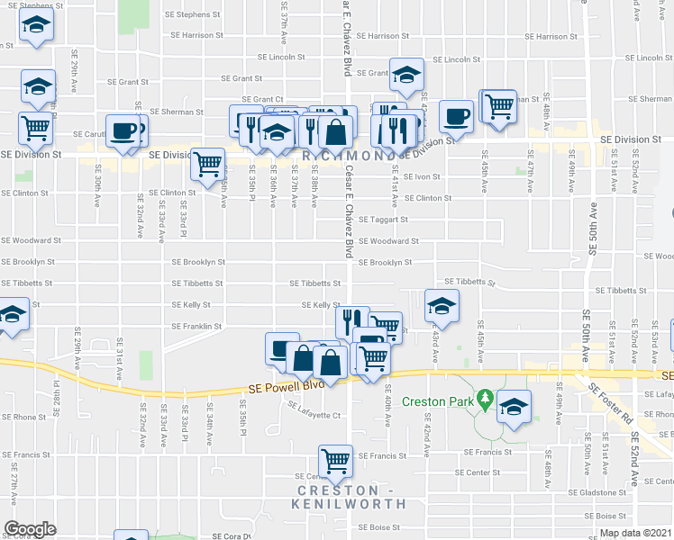 map of restaurants, bars, coffee shops, grocery stores, and more near 3880 Southeast Brooklyn Street in Portland