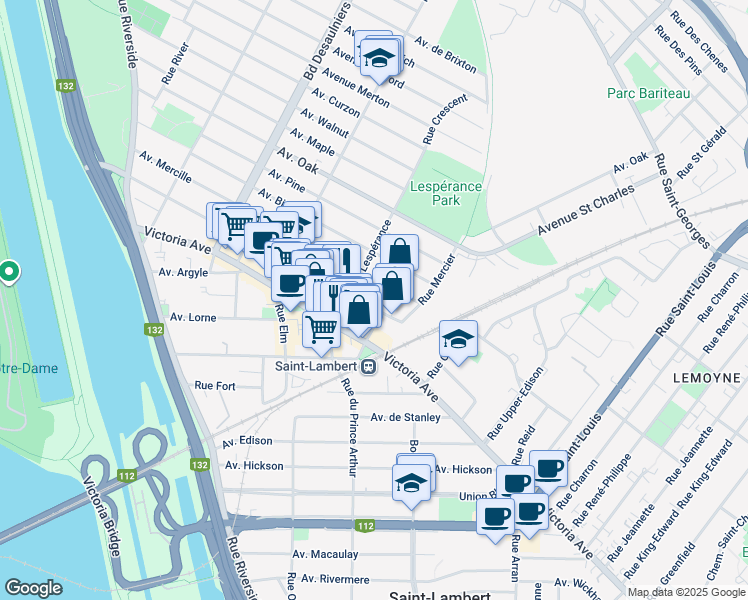 map of restaurants, bars, coffee shops, grocery stores, and more near in Saint-Lambert
