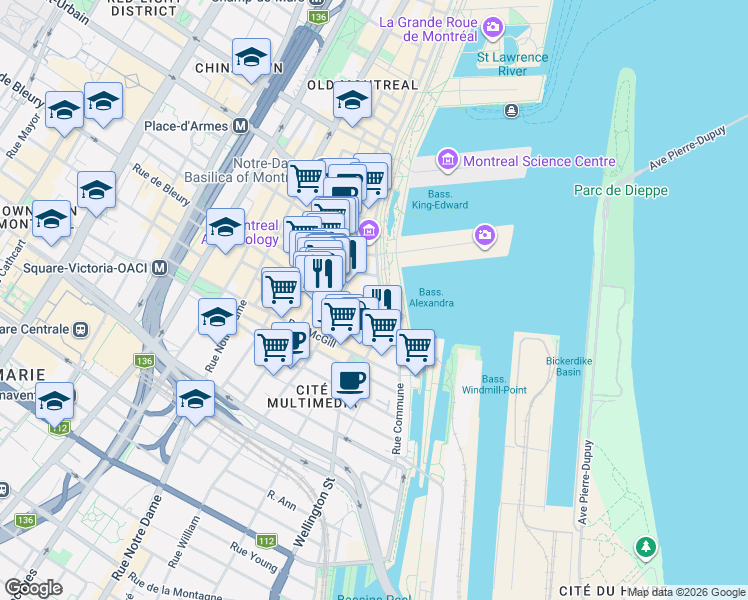 map of restaurants, bars, coffee shops, grocery stores, and more near 305 Rue de la Commune Ouest in Montréal
