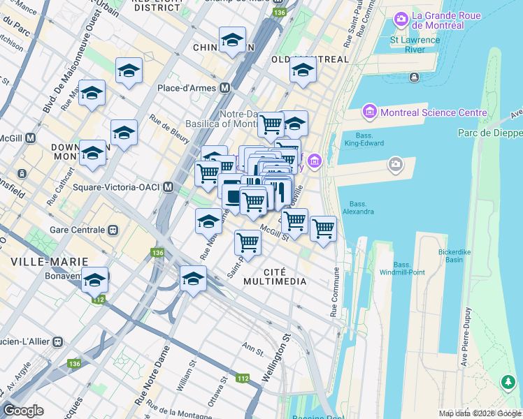 map of restaurants, bars, coffee shops, grocery stores, and more near 386 Le Moyne Street in Montreal