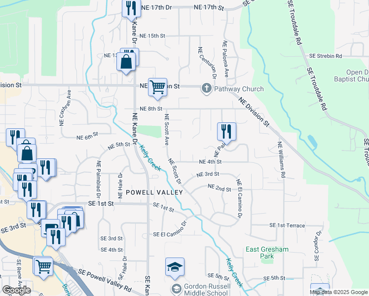 map of restaurants, bars, coffee shops, grocery stores, and more near 452 Northeast Hacienda Place in Gresham
