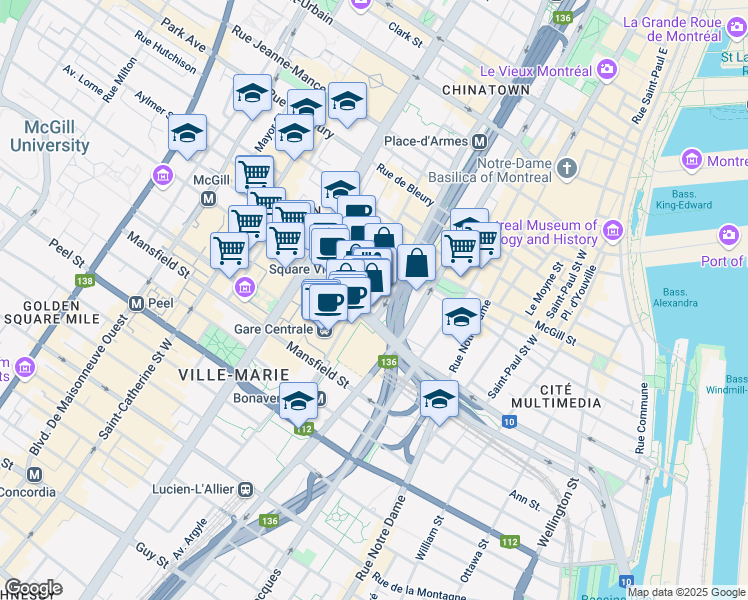 map of restaurants, bars, coffee shops, grocery stores, and more near 1001 Boulevard Robert-Bourassa in Montréal