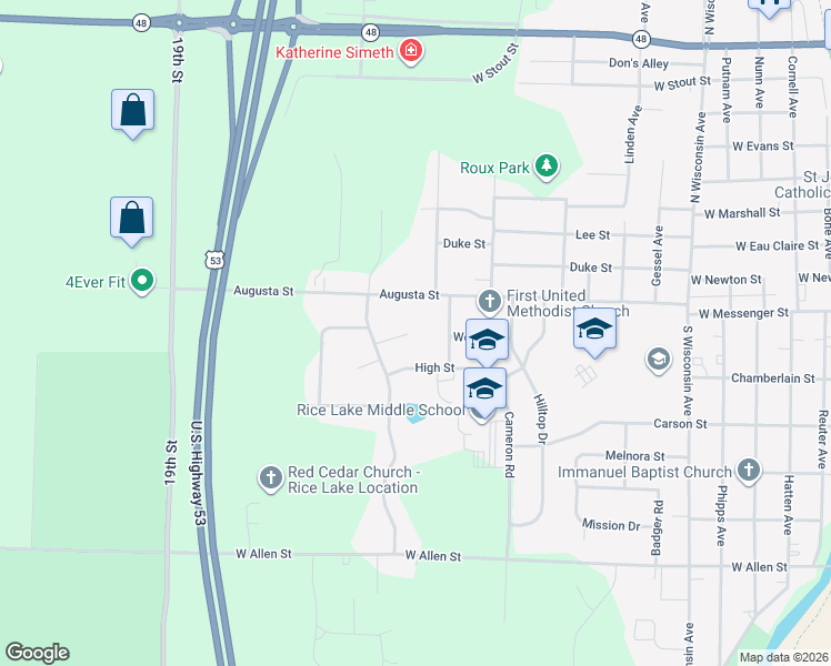 map of restaurants, bars, coffee shops, grocery stores, and more near 1502 Sabrina Court in Rice Lake