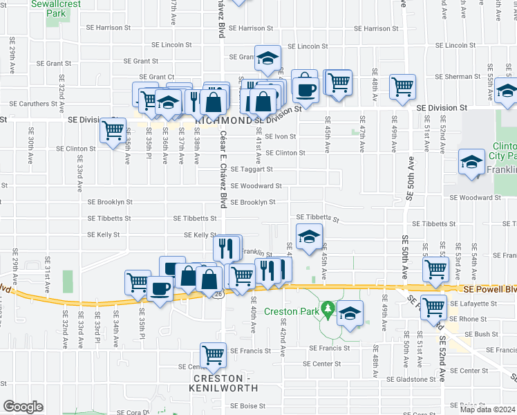 map of restaurants, bars, coffee shops, grocery stores, and more near 4046 Southeast Brooklyn Street in Portland