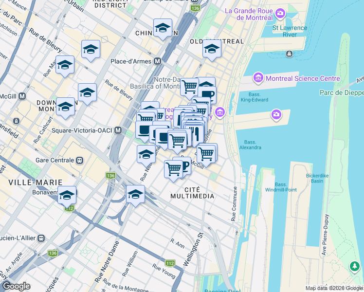 map of restaurants, bars, coffee shops, grocery stores, and more near 425 Rue Sainte-Hélène in Montreal