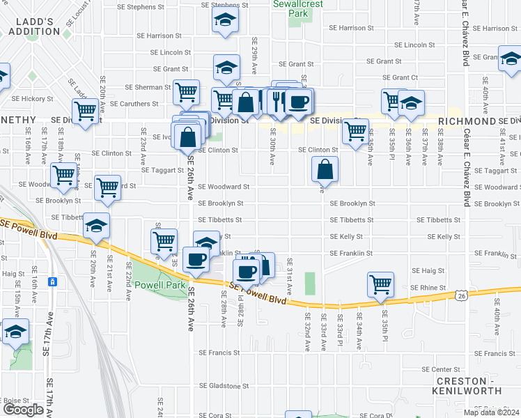 map of restaurants, bars, coffee shops, grocery stores, and more near 3010 Southeast 29th Avenue in Portland