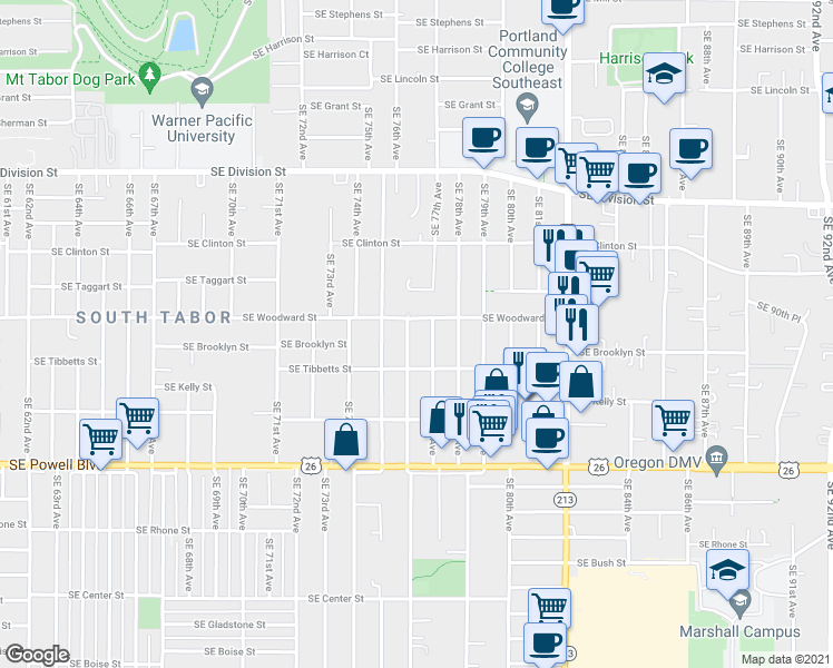 map of restaurants, bars, coffee shops, grocery stores, and more near 2920 Southeast 76th Avenue in Portland