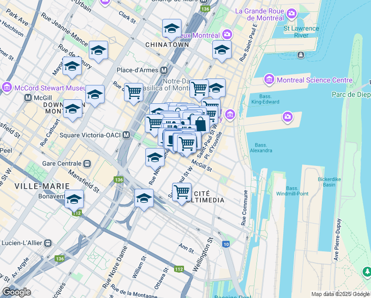 map of restaurants, bars, coffee shops, grocery stores, and more near in Montreal