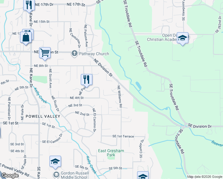map of restaurants, bars, coffee shops, grocery stores, and more near 471 Northeast Williams Road in Gresham