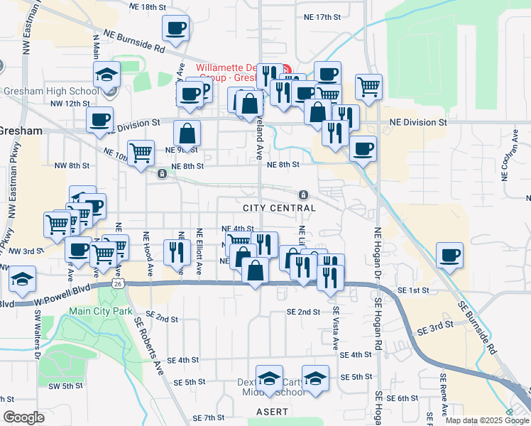 map of restaurants, bars, coffee shops, grocery stores, and more near 494 Northeast Cleveland Avenue in Gresham
