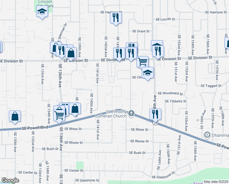 map of restaurants, bars, coffee shops, grocery stores, and more near 2919 Southeast 144th Avenue in Portland