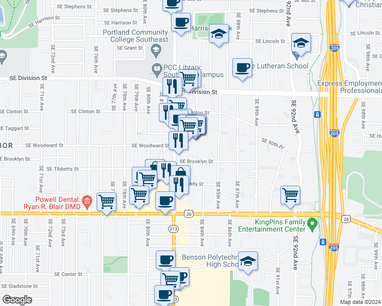 map of restaurants, bars, coffee shops, grocery stores, and more near 8329 Southeast Brooklyn Street in Portland