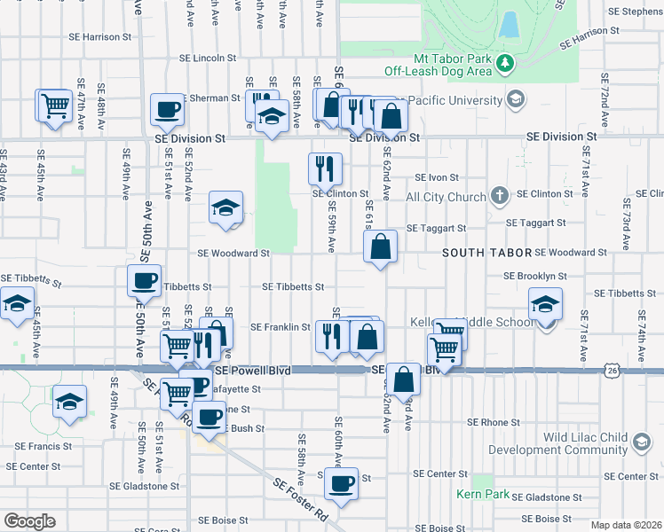 map of restaurants, bars, coffee shops, grocery stores, and more near 2921 Southeast 59th Avenue in Portland
