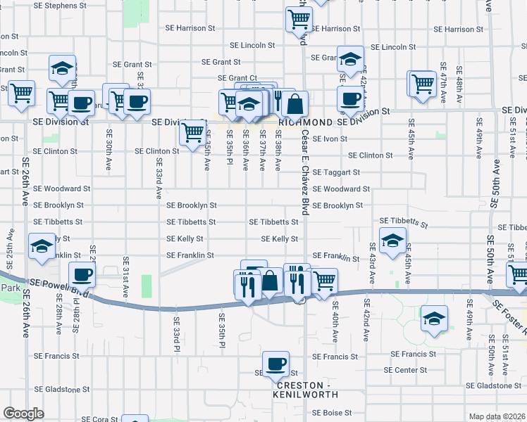 map of restaurants, bars, coffee shops, grocery stores, and more near 3706 Southeast Brooklyn Street in Portland