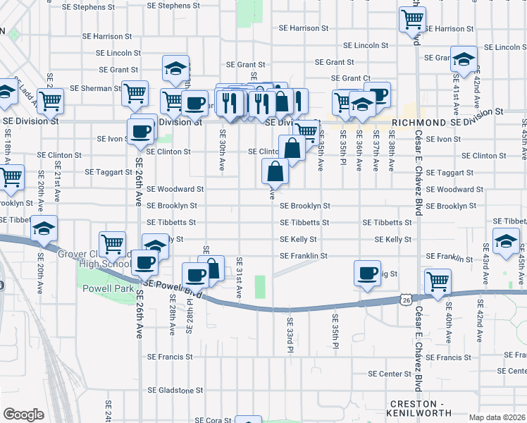 map of restaurants, bars, coffee shops, grocery stores, and more near 3150 Southeast Brooklyn Street in Portland