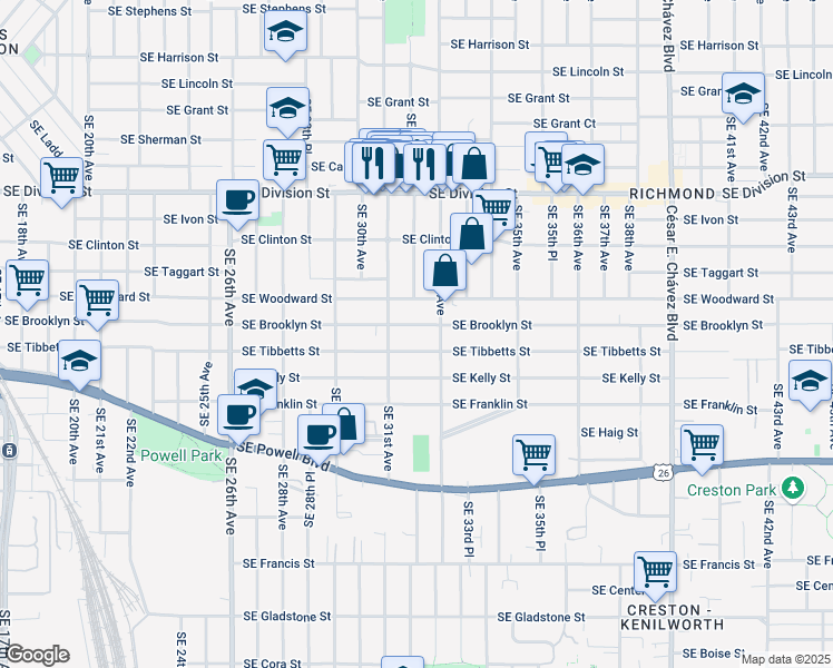 map of restaurants, bars, coffee shops, grocery stores, and more near 3150 Southeast Brooklyn Street in Portland