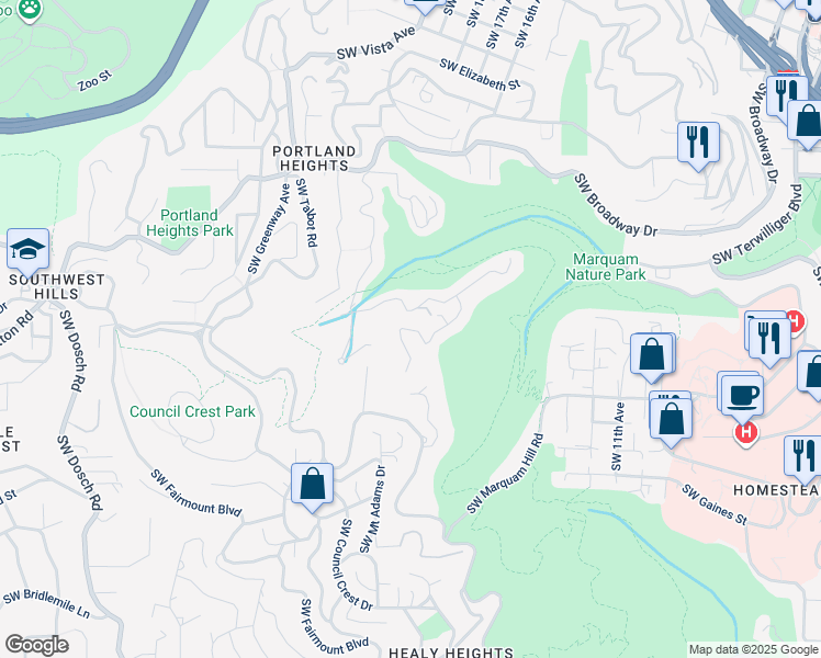 map of restaurants, bars, coffee shops, grocery stores, and more near 3151 Southwest Sherwood Place in Portland
