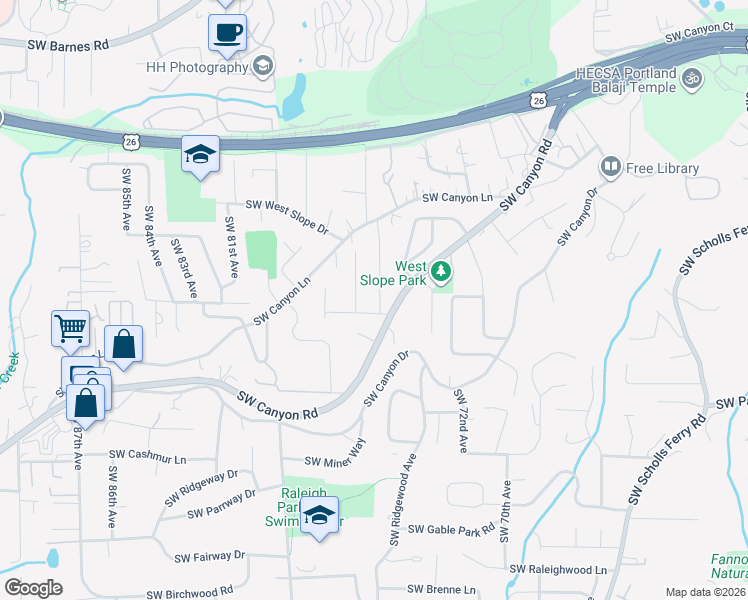 map of restaurants, bars, coffee shops, grocery stores, and more near 2625 Southwest 75th Terrace in Portland