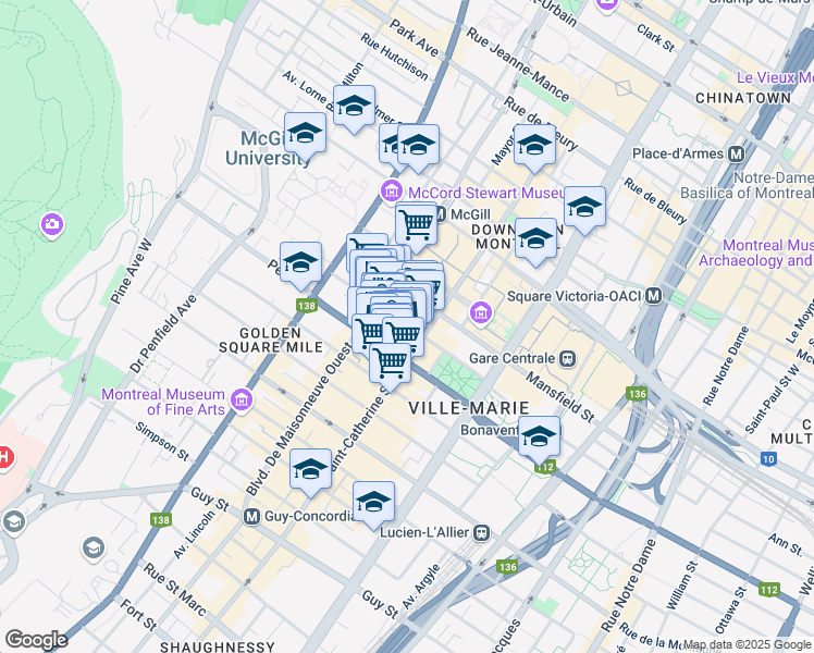 map of restaurants, bars, coffee shops, grocery stores, and more near 1444 Metcalfe Street in Montreal