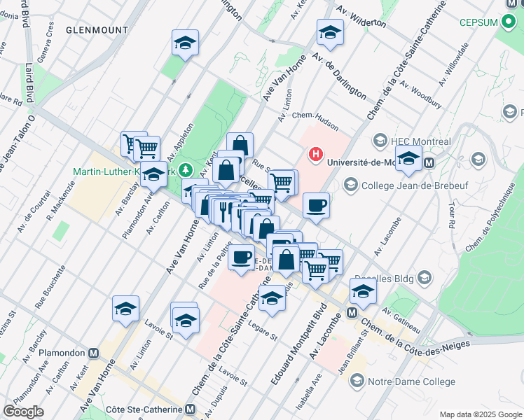 map of restaurants, bars, coffee shops, grocery stores, and more near 3395 Avenue Ellendale in Montréal