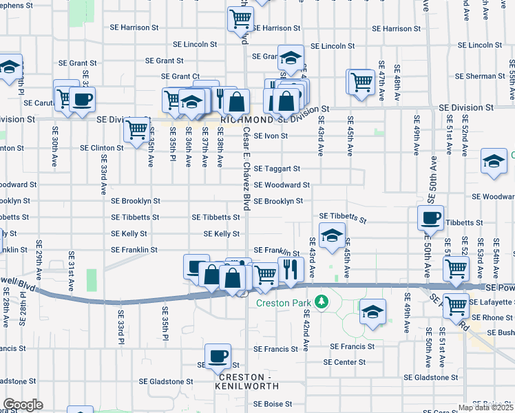 map of restaurants, bars, coffee shops, grocery stores, and more near 3924 Southeast Brooklyn Street in Portland