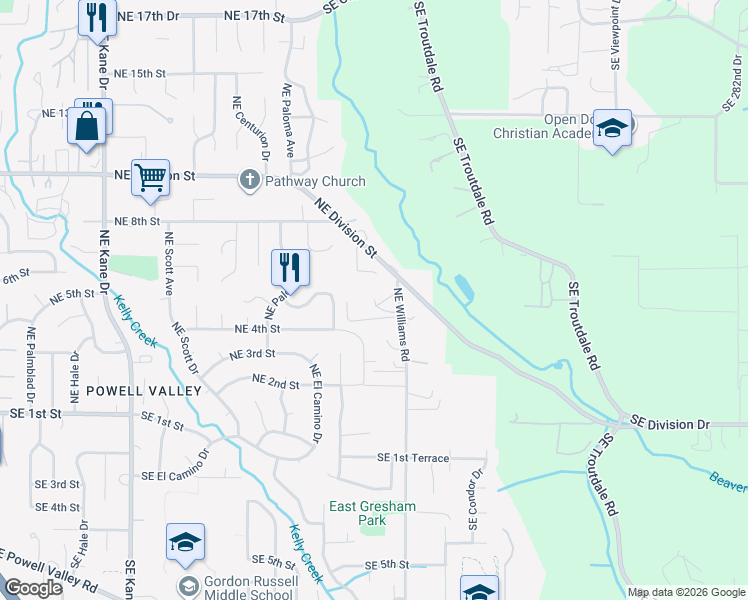 map of restaurants, bars, coffee shops, grocery stores, and more near 471 Northeast Williams Road in Gresham